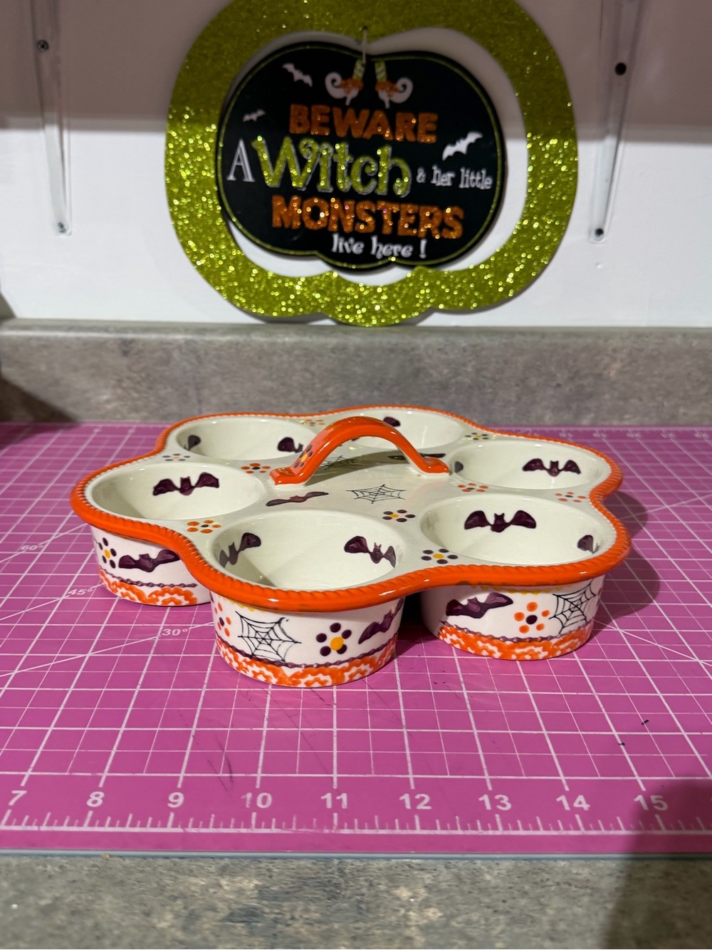 Temptations boofetti Halloween Ceramic muffin pan with Orange Trim